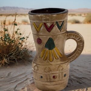 Native American Symbol Ceramic Jug With Handle - Hand Painted